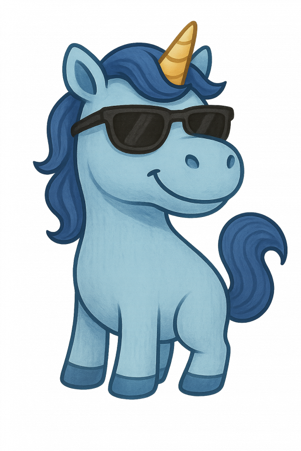 Blaues Einhorn mit Sonnenbrille