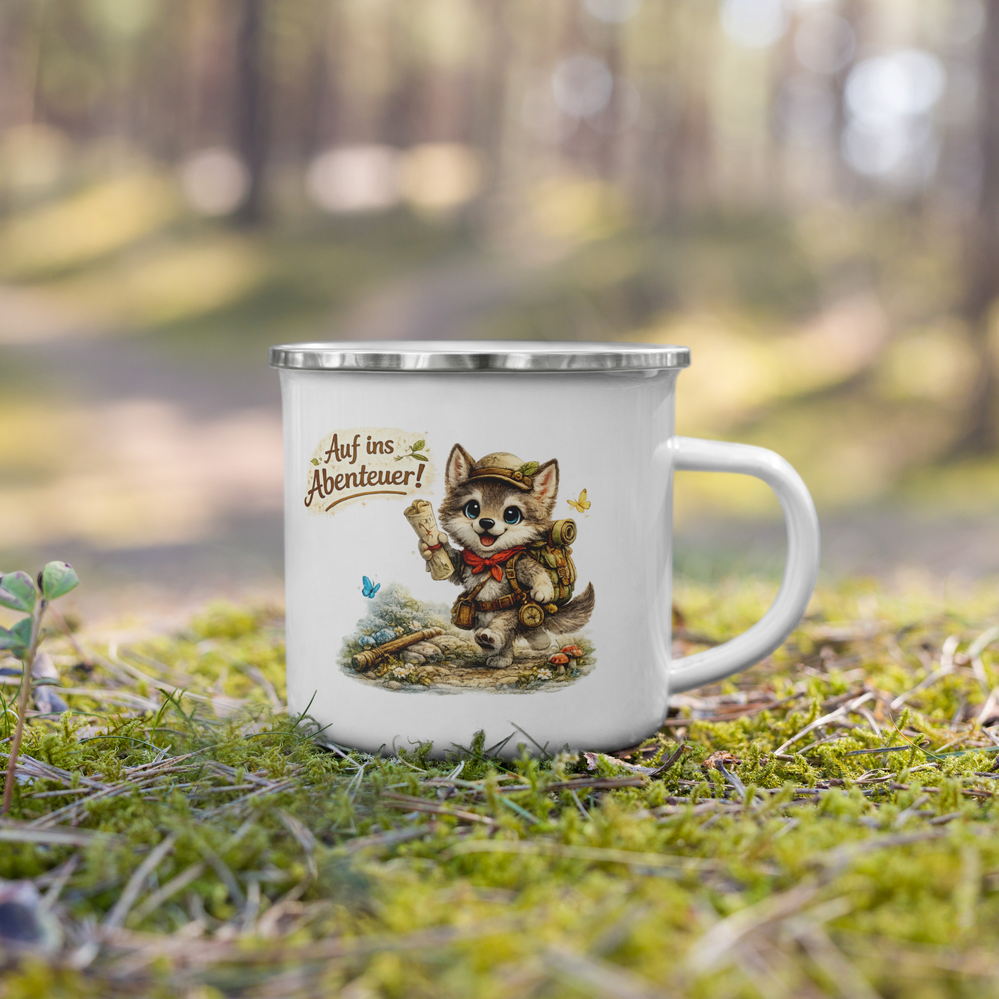 Emailletasse für Kinder abenteuerlustiger Wolf