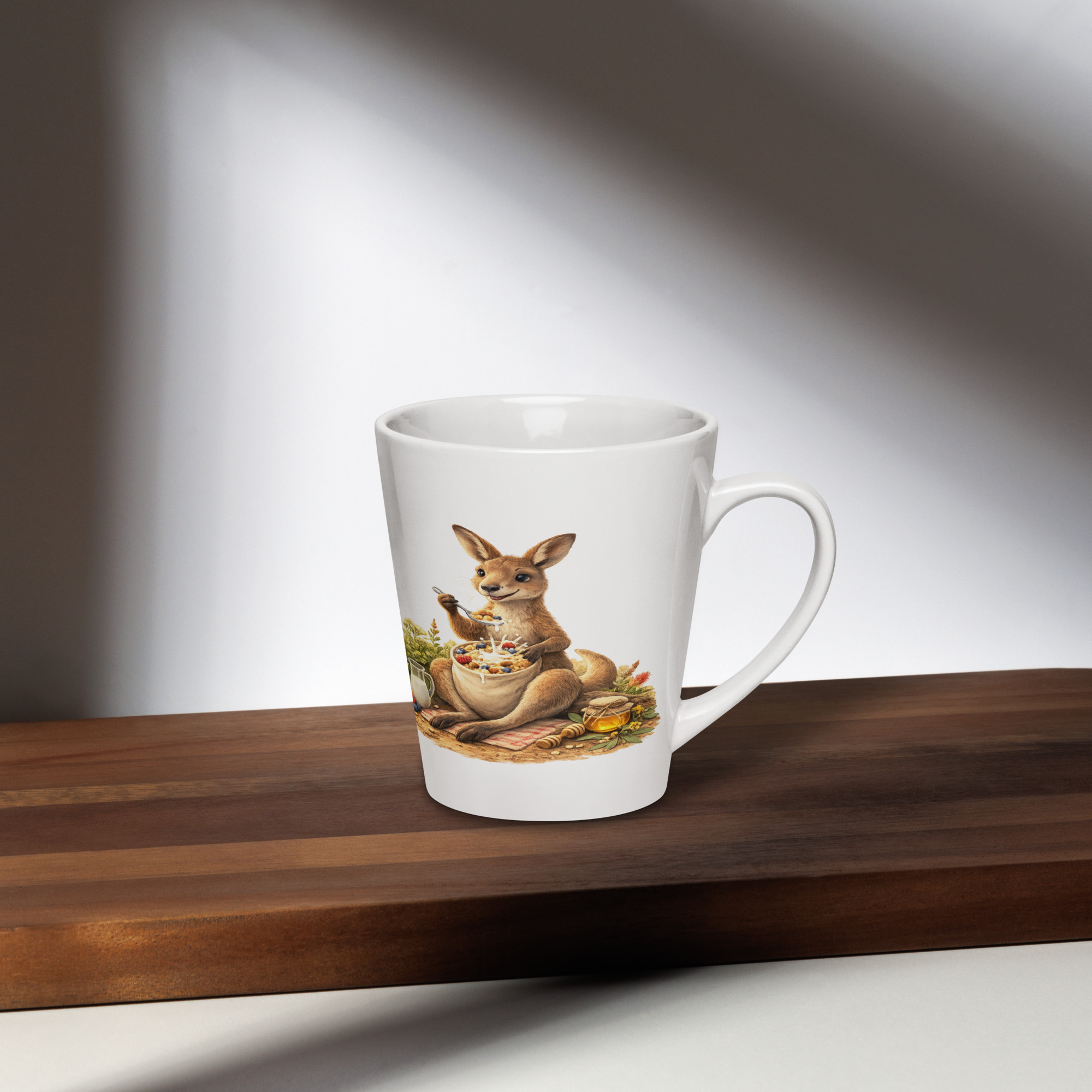 Milchkaffeetasse Müsli essendes Känguru 1 Milchkaffeetasse Müsli essendes Känguru