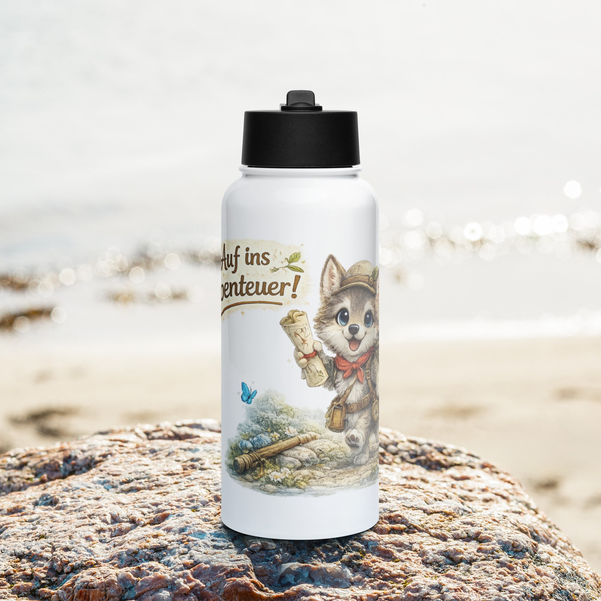 Edelstahl Trinkflasche mit Strohhalm abenteuerlustiger Wolf 4 Edelstahl Trinkflasche mit Strohhalm abenteuerlustiger Wolf – Bild 4