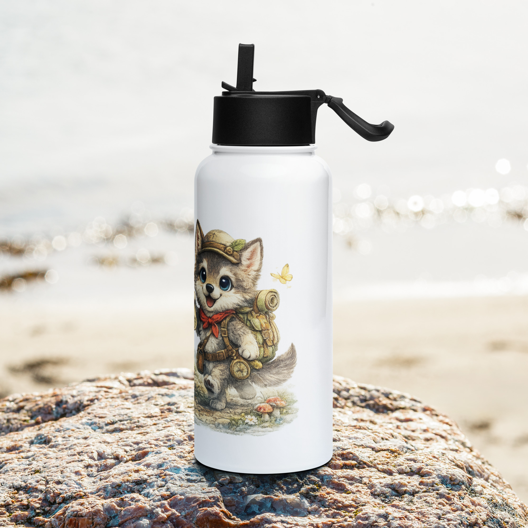 Edelstahl Trinkflasche mit Strohhalm abenteuerlustiger Wolf 3 Edelstahl Trinkflasche mit Strohhalm abenteuerlustiger Wolf – Bild 3