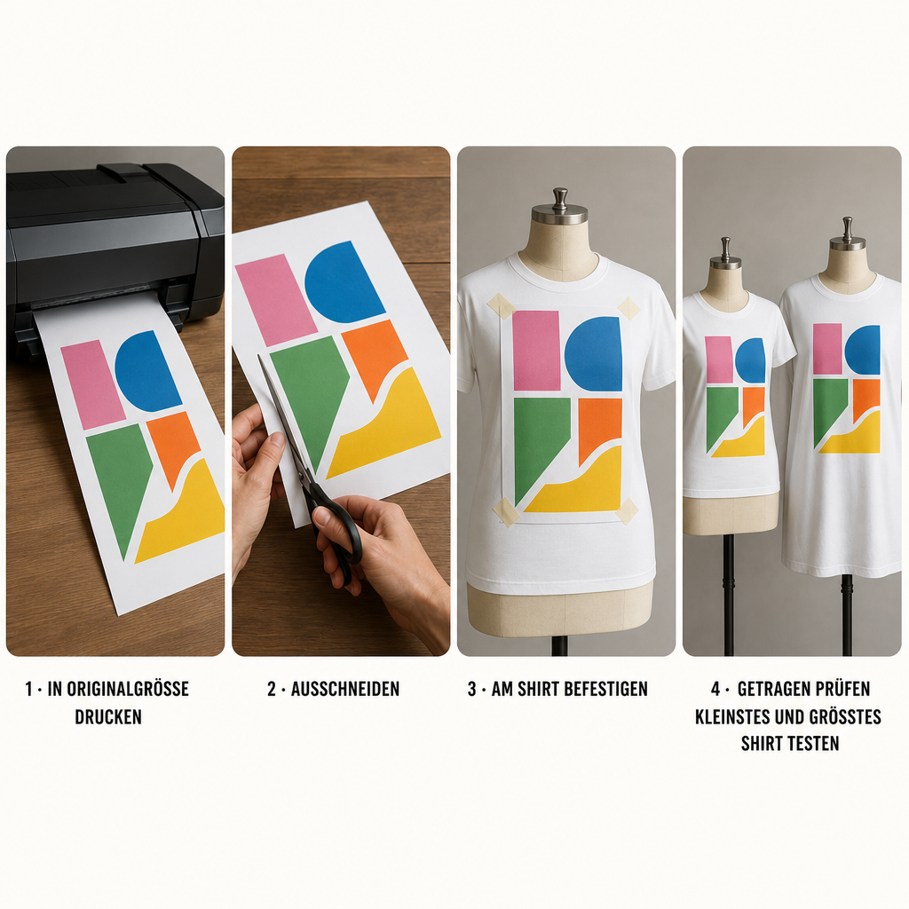 T-Shirt-Motiv richtig platzieren: Brust, Rücken, Ärmel und Druckgröße 9 Vier Schritte vom Ausdruck einer Motivschablone bis zur Größenprüfung auf zwei T-Shirts
