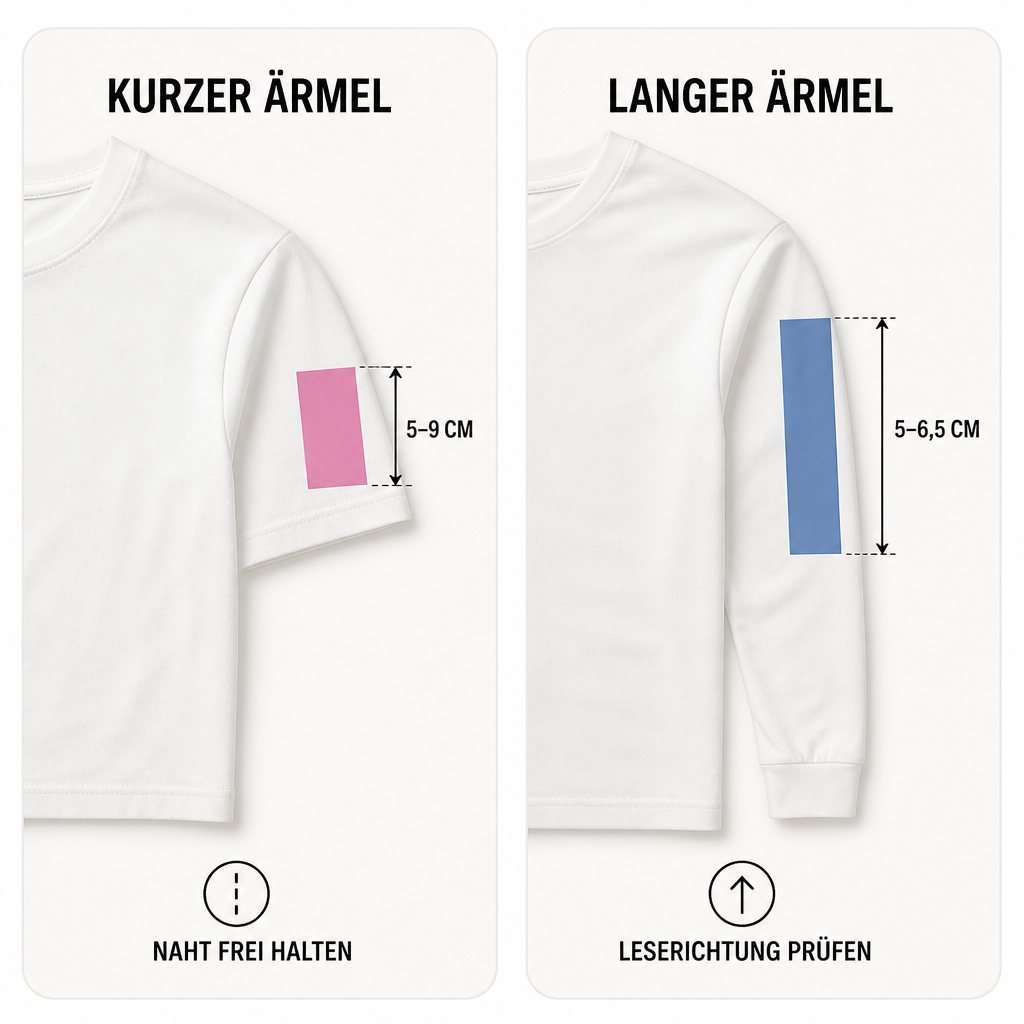 T-Shirt-Motiv richtig platzieren: Brust, Rücken, Ärmel und Druckgröße 7 Weißes Kurzarm- und Langarmshirt mit markierten Druckbreiten und Hinweisen zu Naht und Leserichtung