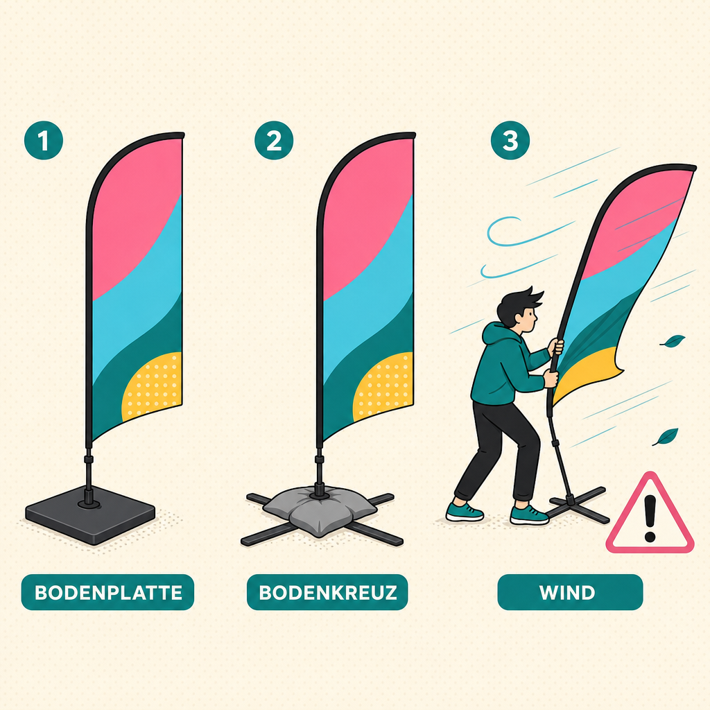 Beachflag mit Bodenplatte, Bodenkreuz und Abbau bei starkem Wind
