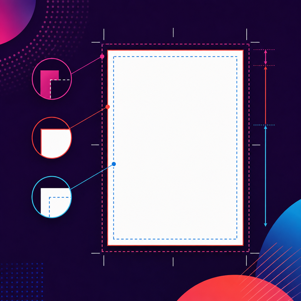 KI-generierte Titelgrafik zu Beschnitt, Endformat und Sicherheitsabstand bei Druckdaten