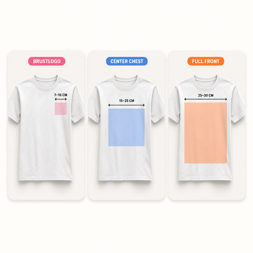 T-Shirt-Motiv richtig platzieren: Brust, Rücken, Ärmel und Druckgröße 5 Drei weiße T-Shirts mit Richtwerten für Brustlogo, mittigen Brustdruck und großflächigen Frontdruck