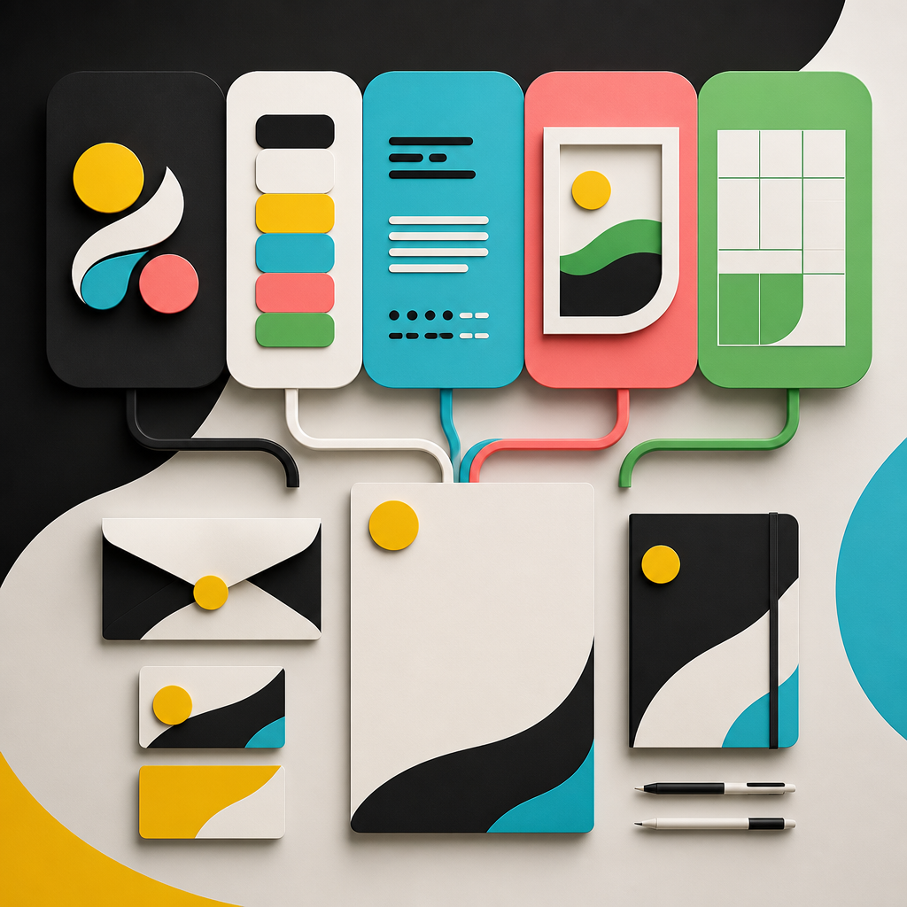 Logoform, Farben, Typografie, Bildsprache und Gestaltungsraster als verbundene Bausteine