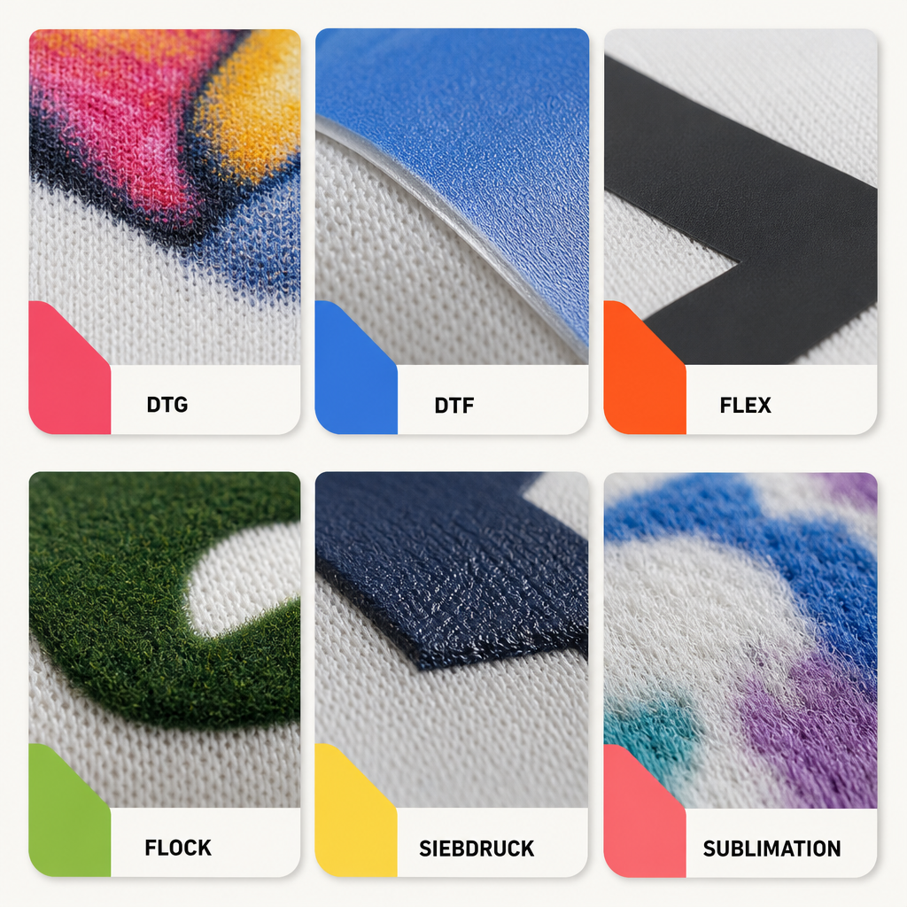 Bedruckte Kleidung richtig waschen: So hält das Motiv länger 7 Makrovergleich von DTG, DTF, Flex, Flock, Siebdruck und Sublimation mit sichtbaren Unterschieden der Druckoberflächen
