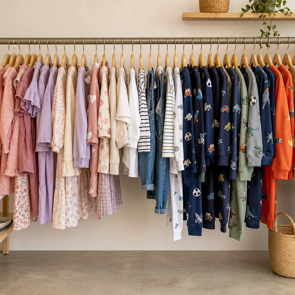 Mehr als Rosa und Blau: Wie Fast Fashion Kindermode nach Mädchen und Jungen sortiert 1 Kinderkleidung in Rosa, Blau, Creme, Grün und Grau hängt auf einer Kleiderstange; neutrale Farben verbinden die unterschiedlichen Motivwelten.