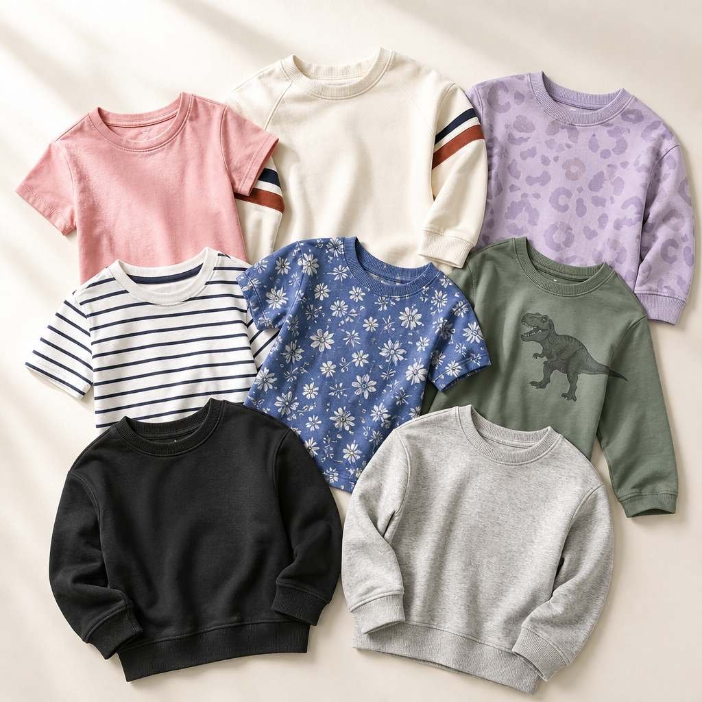 Flach ausgelegte Kinder-Shirts in Rosa, Blau, Weiß, Creme, Grün, Lila, Schwarz und Grau zeigen die Überschneidung der Farbpaletten.