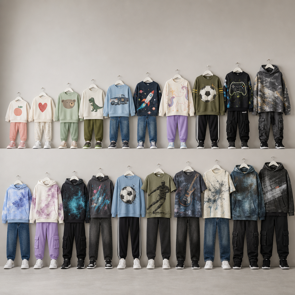 Eine Reihe unterschiedlich großer Kinderkleidung entwickelt sich von einfachen Tier-, Herz- und Fahrzeugmotiven zu Sport-, Musik- und Streetwear-Grafiken.