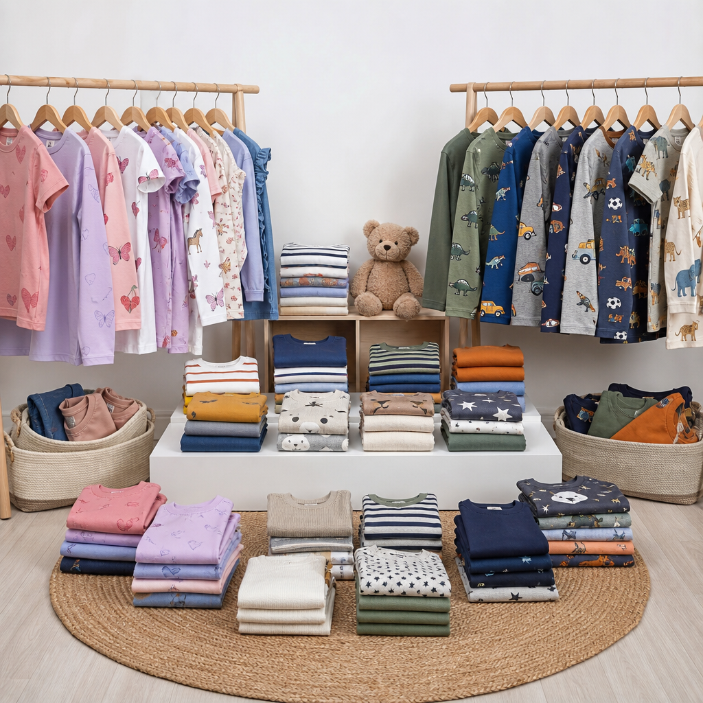 Kinder-Shirts zeigen auf einer Seite Herzen, Blumen und Früchte, auf der anderen Dinosaurier, Fahrzeuge und Sportmotive; neutrale Motive stehen dazwischen.