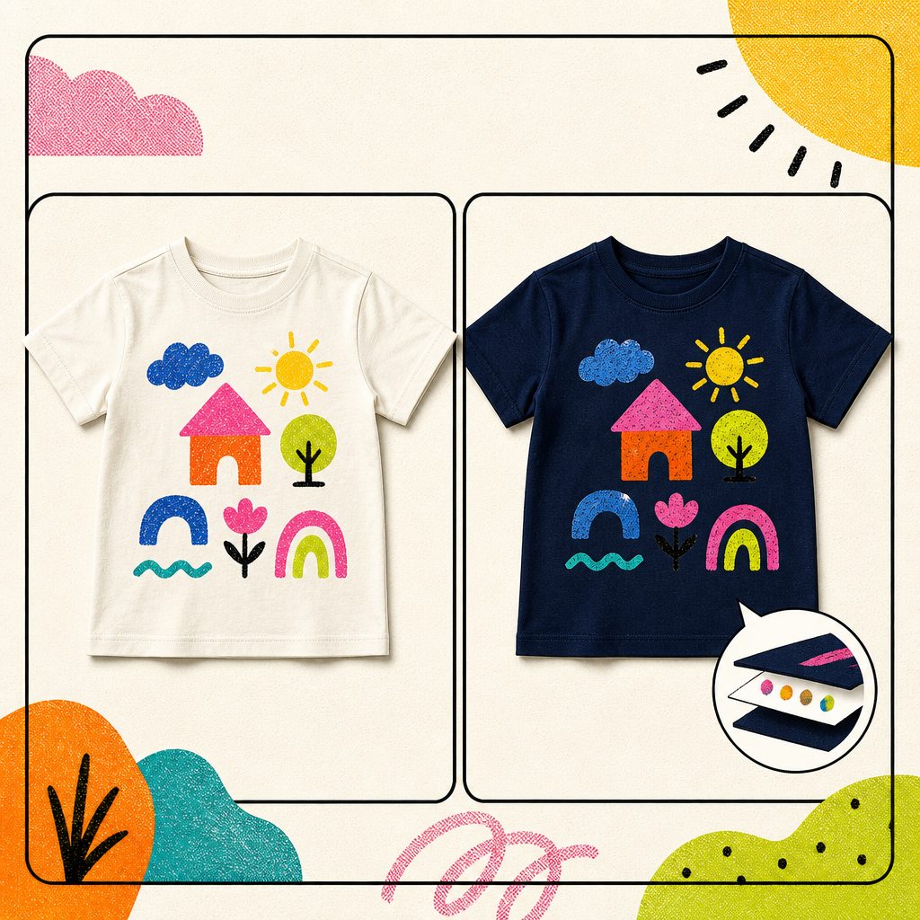 Dieselbe Kinderzeichnung auf einem hellen und einem dunkelblauen Kinder-T-Shirt