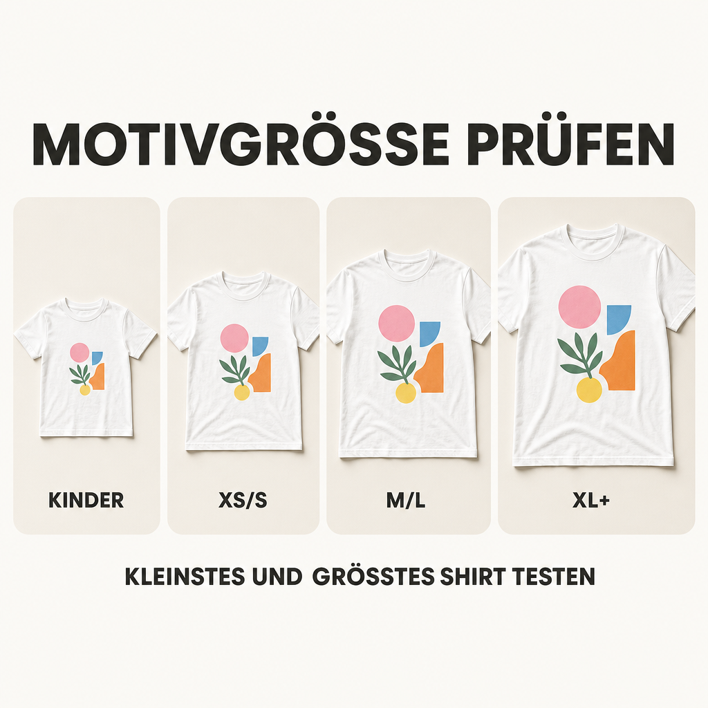 T-Shirt-Motiv richtig platzieren: Brust, Rücken, Ärmel und Druckgröße 8 Vier unterschiedlich große weiße T-Shirts mit proportional angepasstem geometrischem Druckmotiv