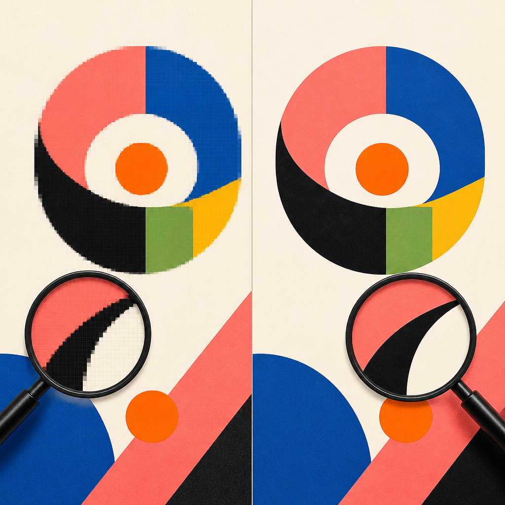 Pixelgrafik mit groben Kanten und scharfe Vektorgrafik im Vergleich