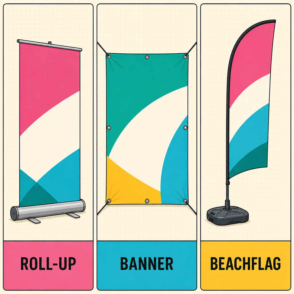 Roll-up, Banner und Beachflag im direkten Vergleich