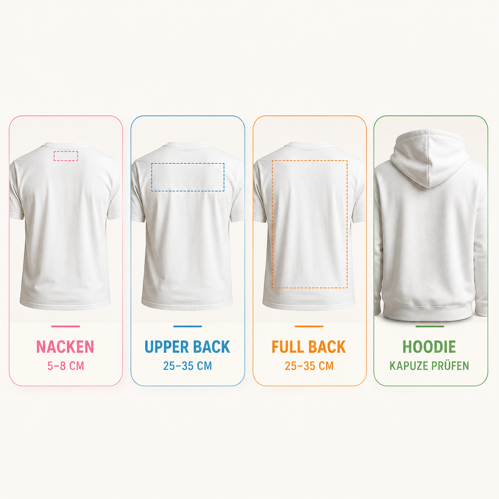T-Shirt-Motiv richtig platzieren: Brust, Rücken, Ärmel und Druckgröße 6 Rückenansichten weißer T-Shirts mit Druckzonen für Nacken, oberen Rücken und großen Rückenprint sowie Hoodie-Hinweis