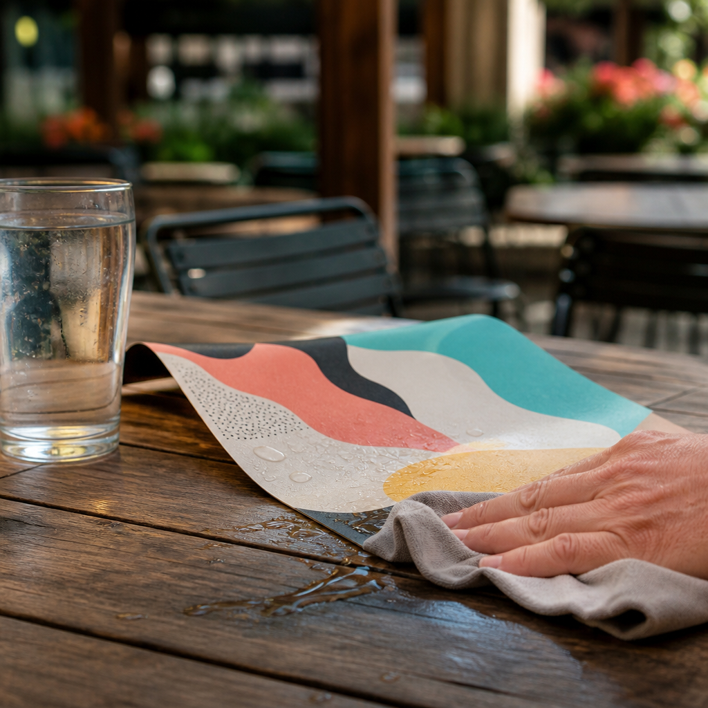 Wasserbeständige Speisekarte aus Synthetikpapier wird im Biergarten abgewischt