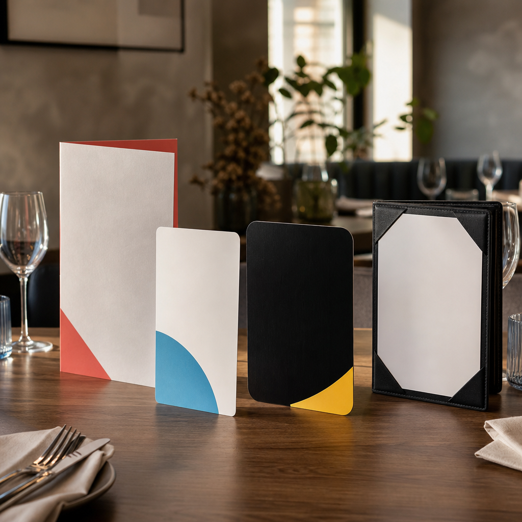 Speisekarten aus Papier, Synthetik, Kunststoff und einer Mappe auf einem Restauranttisch
