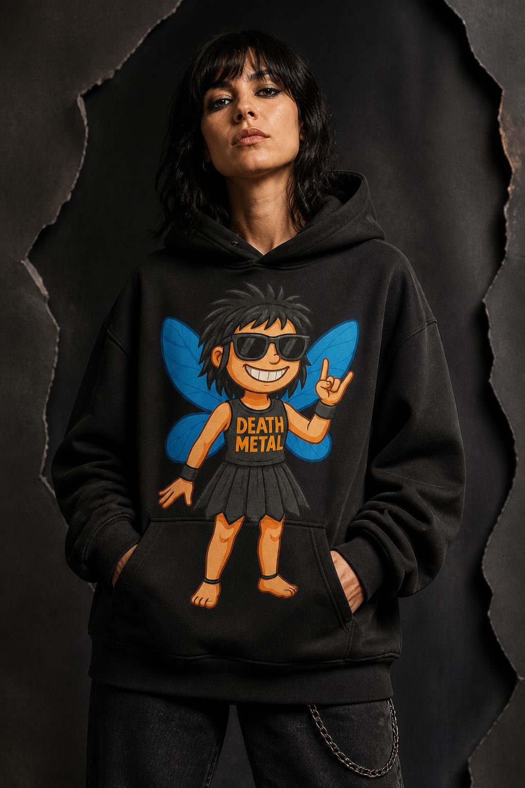 Model mit dem originalen Death-Metal-Fee-Design