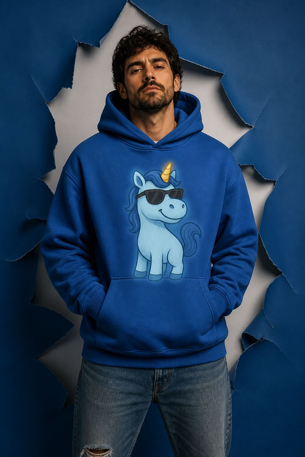 Model mit dem originalen Blauen-Einhorn-Design