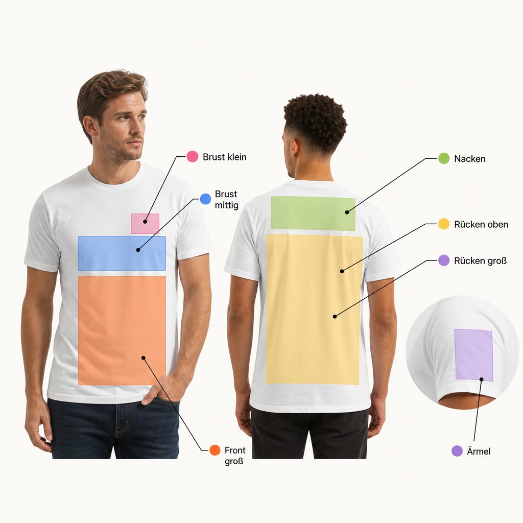 T-Shirt-Motiv richtig platzieren: Brust, Rücken, Ärmel und Druckgröße 3 Vorder- und Rückseite eines weißen T-Shirts mit markierten Druckpositionen für Brust, Front, Nacken, Rücken und Ärmel