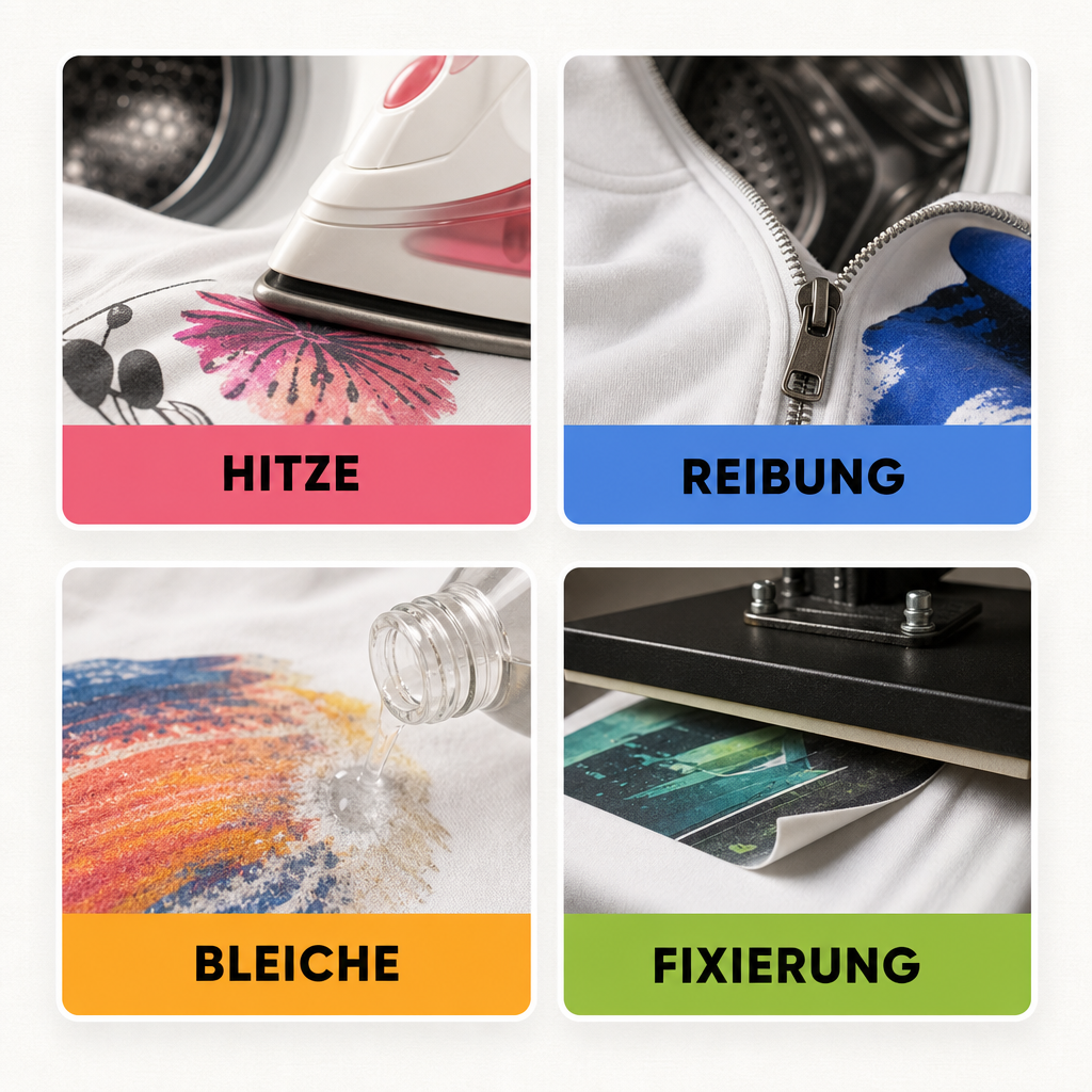 Bedruckte Kleidung richtig waschen: So hält das Motiv länger 5 Vier Bildkarten zeigen, wie Hitze, Reibung, Bleiche und eine fehlerhafte Fixierung bedruckte Kleidung beschädigen können