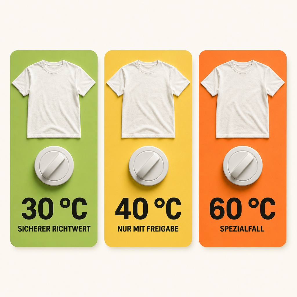 Bedruckte Kleidung richtig waschen: So hält das Motiv länger 6 Drei Karten zeigen bedruckte T-Shirts bei 30, 40 und 60 Grad: 30 Grad als sicherer Richtwert, 40 Grad nur mit Freigabe, 60 Grad als Spezialfall