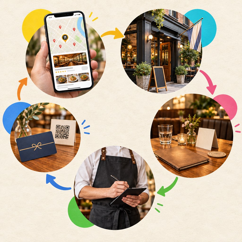 Visuelle Guest Journey von der Online-Suche über Restaurant-Eingang, Tisch und Service bis zur Kundenbindung