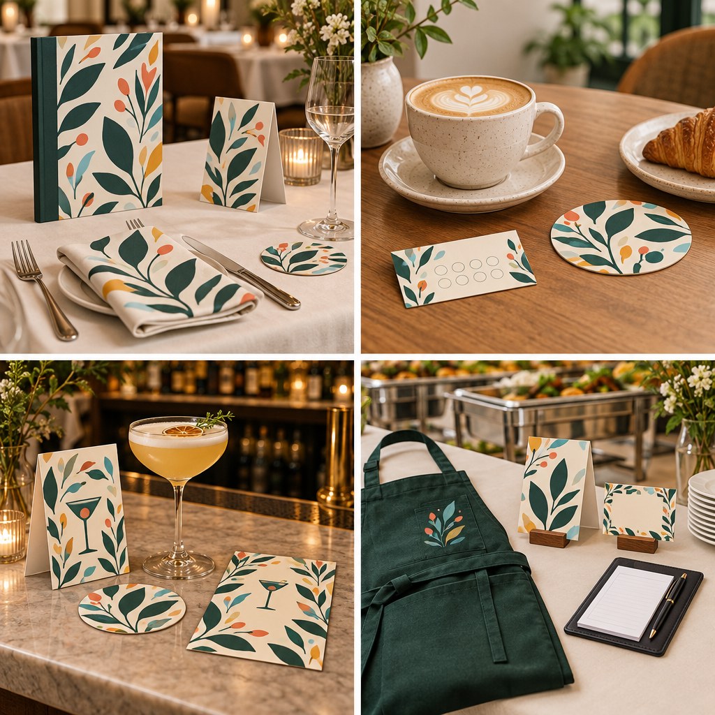 Vier visuelle Gastronomie-Szenarien für Restaurant, Café, Bar und Catering mit unterschiedlicher Werbemittelausstattung