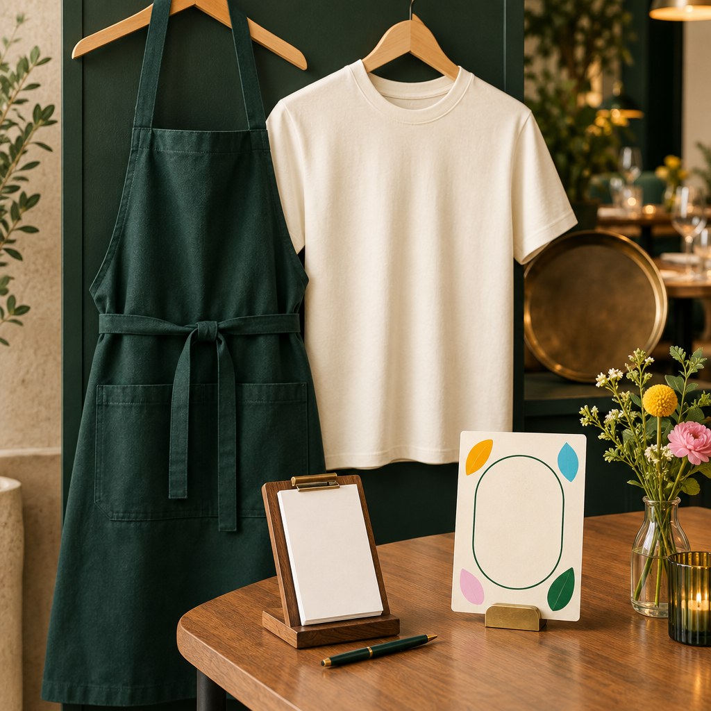 Schürze, Teamshirt, Kellnerblock und Tischnummer als Arbeitsmittel im Gastronomieservice