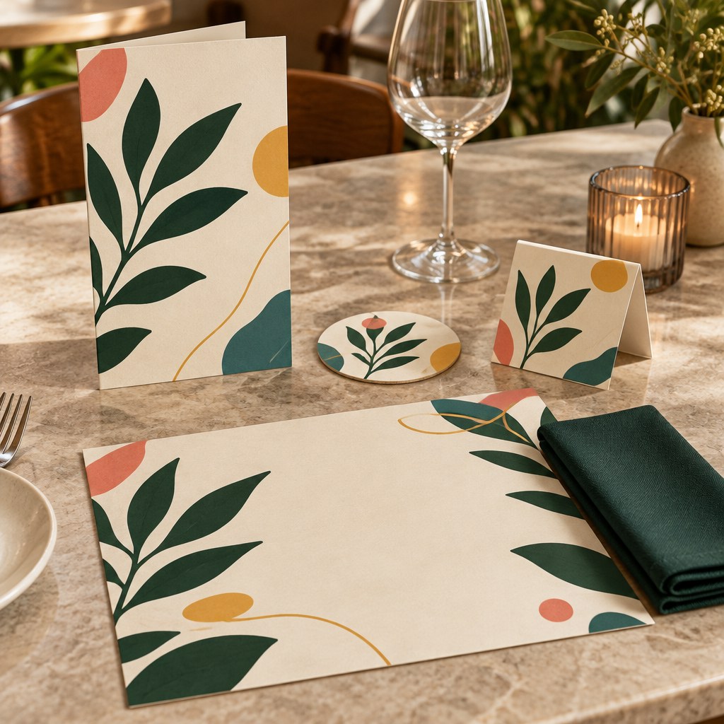Speisekarte, Untersetzer, Tischaufsteller, Tischset und Serviette als unterschiedliche Medien am Restauranttisch