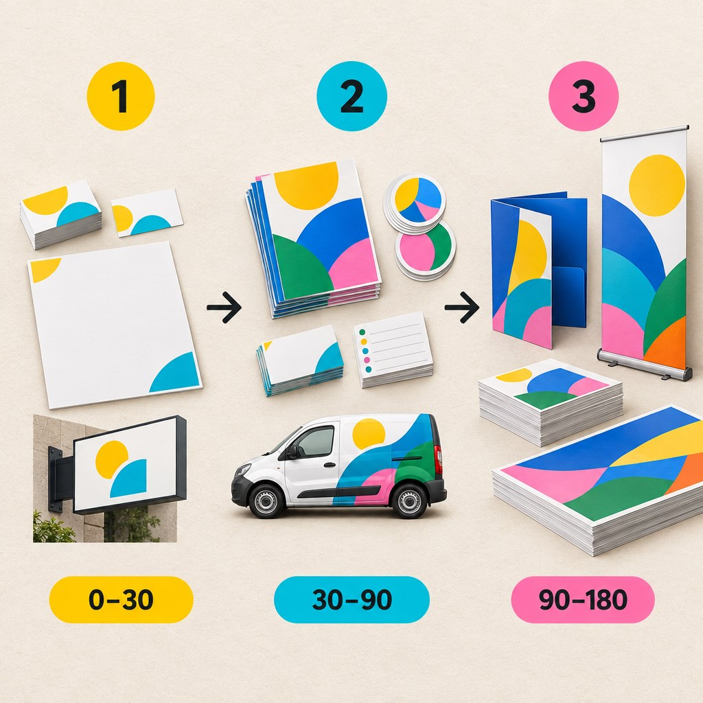 Visuelle Darstellung der drei Gründerphasen 0 bis 30, 30 bis 90 und 90 bis 180 Tage mit passenden Druckprodukten