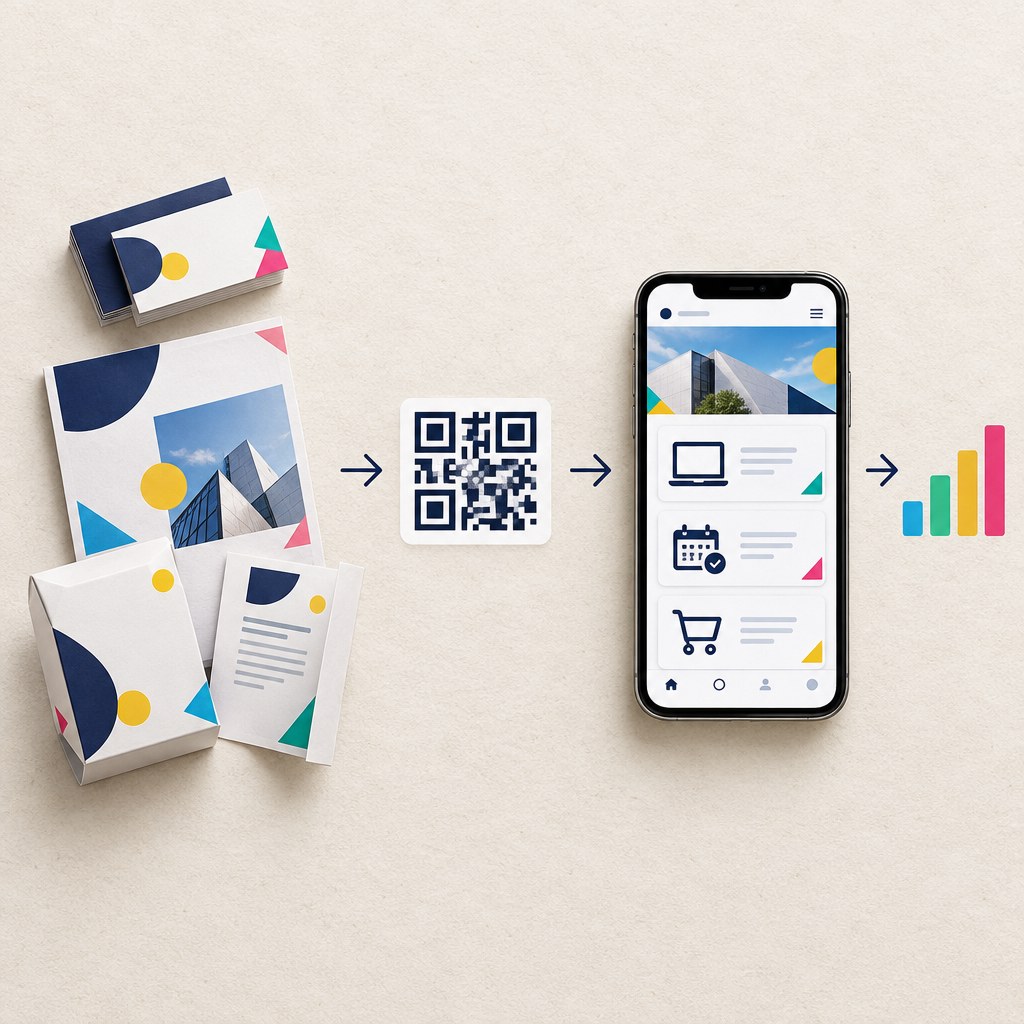 Visitenkarte, Flyer und Paketbeileger verbinden über QR-Code zu Website, Terminbuchung und Onlineshop