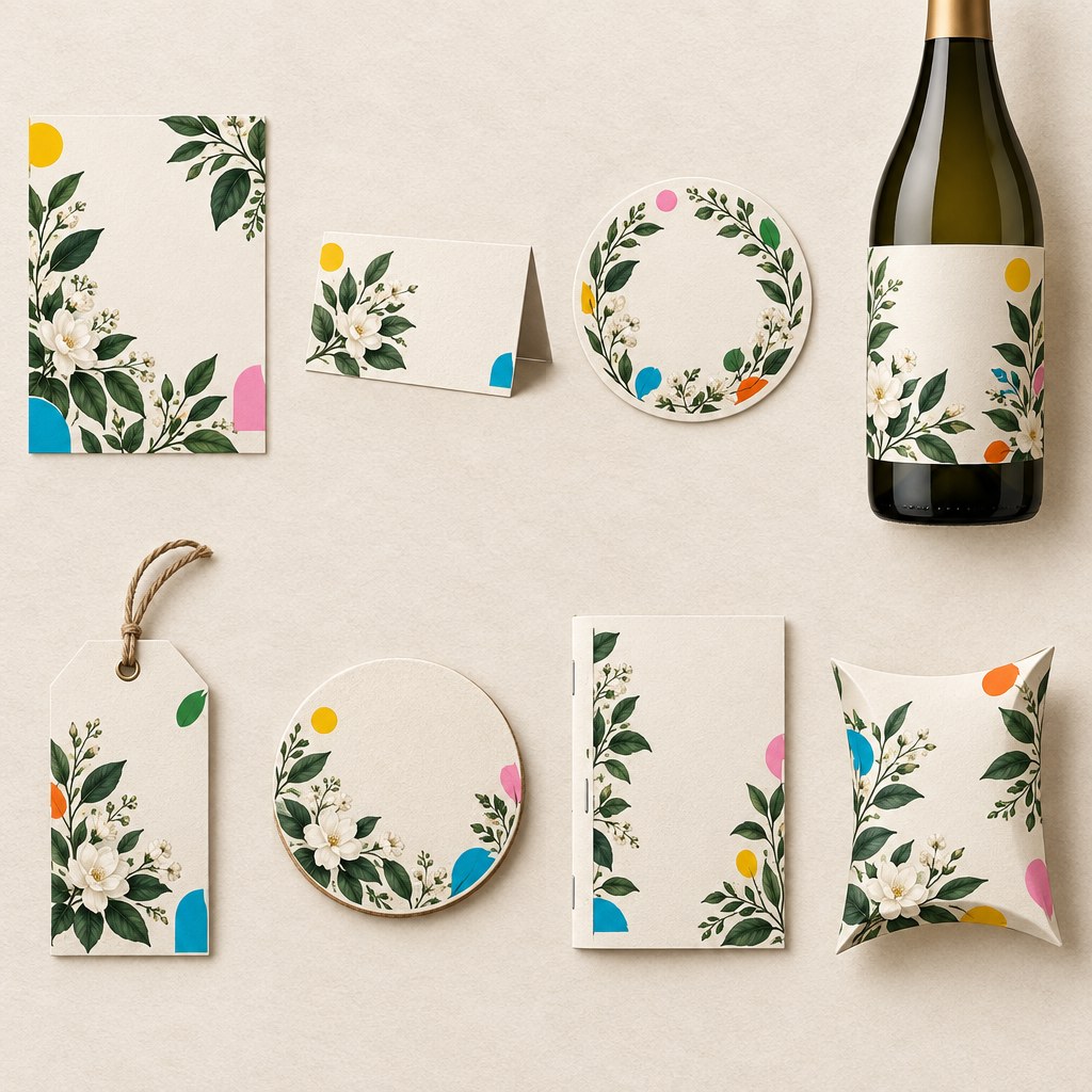 Postkarte, Visitenkarte, Aufkleber, Flaschenetikett, Geschenkanhänger, Untersetzer, Broschüre und Beutelschachtel als kreative Hochzeitsprodukte