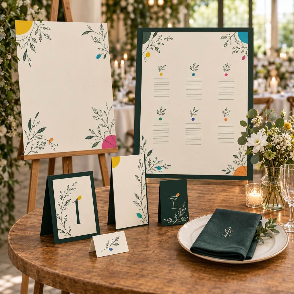 Welcome Sign, Sitzplan, Tischnummer, Tischkarte, Menükarte und Serviette für eine Hochzeit