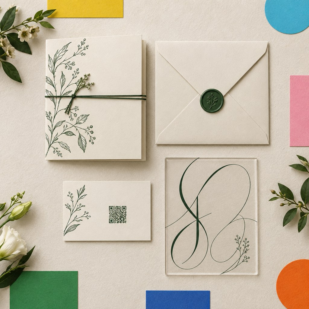 Hochzeitseinladung mit Kuvert, Zusatzkarte, Acryl-Einladung und QR-Karte