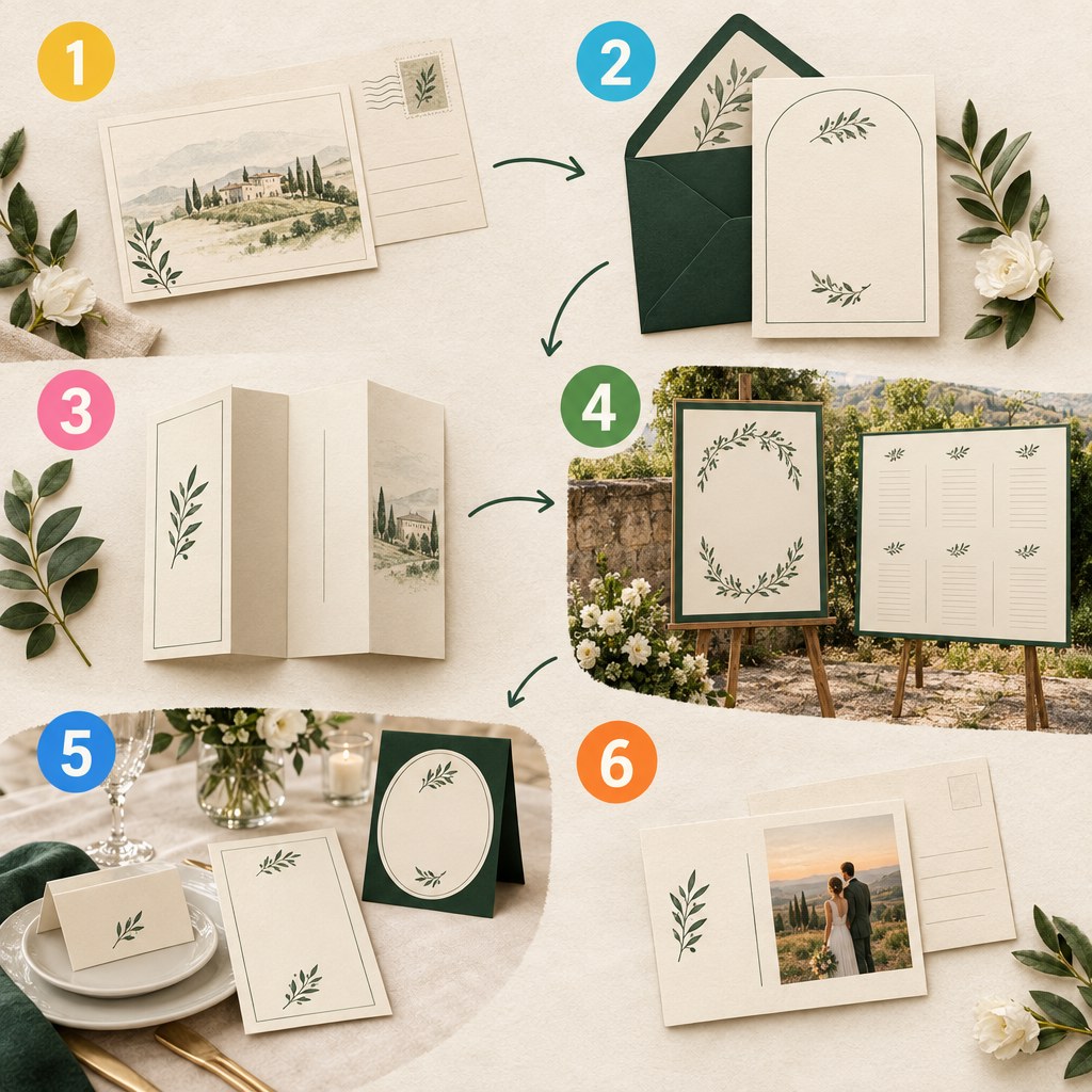 Visuelle Hochzeitspapeterie vom Save-the-Date über Einladung, Welcome Sign und Tischpapeterie bis zur Dankeskarte