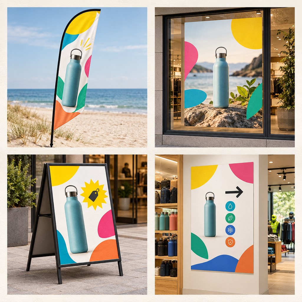 Eine POS-Kampagne mit unterschiedlicher Botschaft auf Beachflag, Schaufensterfolie, Plakataufsteller und Plakat