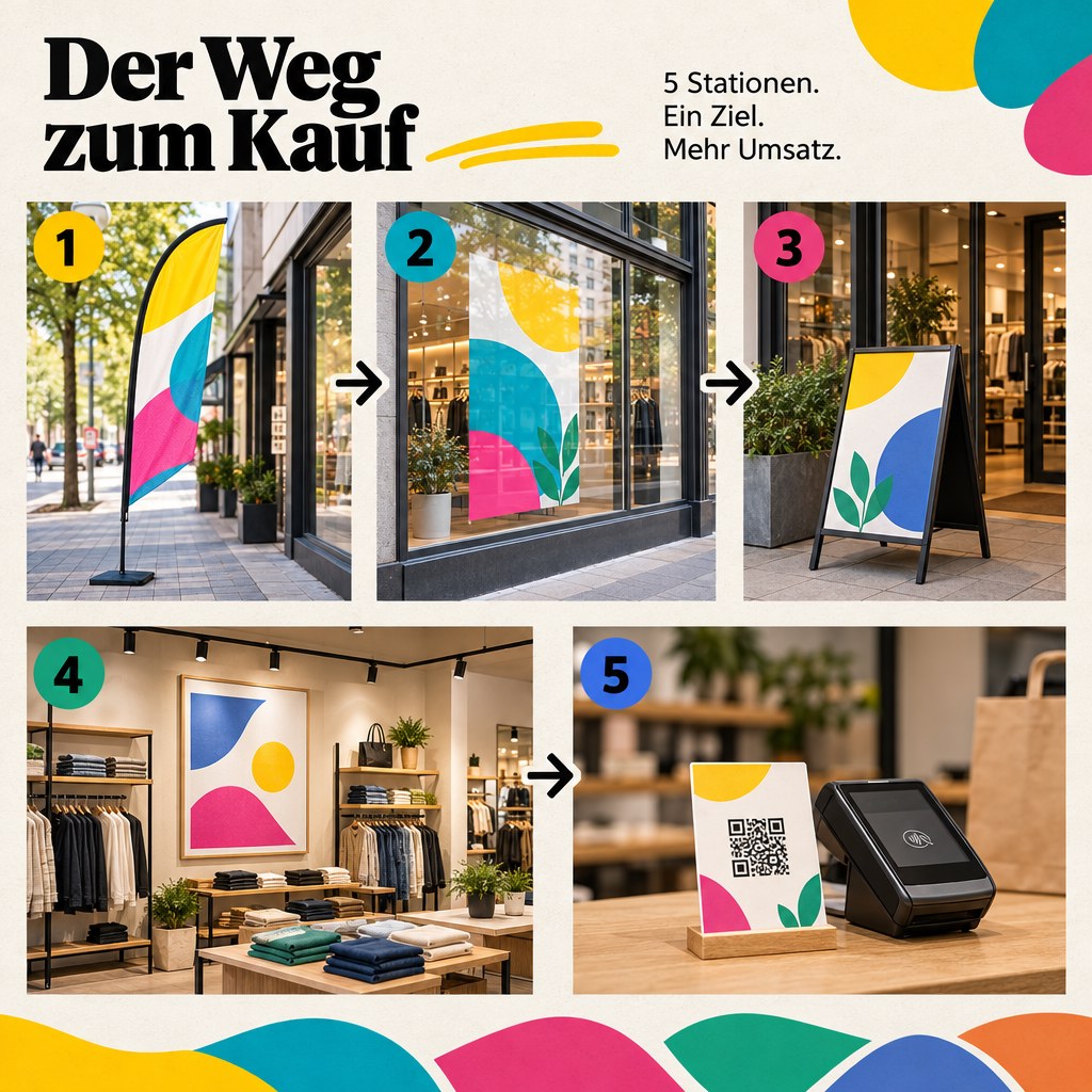 Infografik zum Kundenweg mit Beachflag, Schaufensterfolie, Plakataufsteller, Plakat und QR-Code