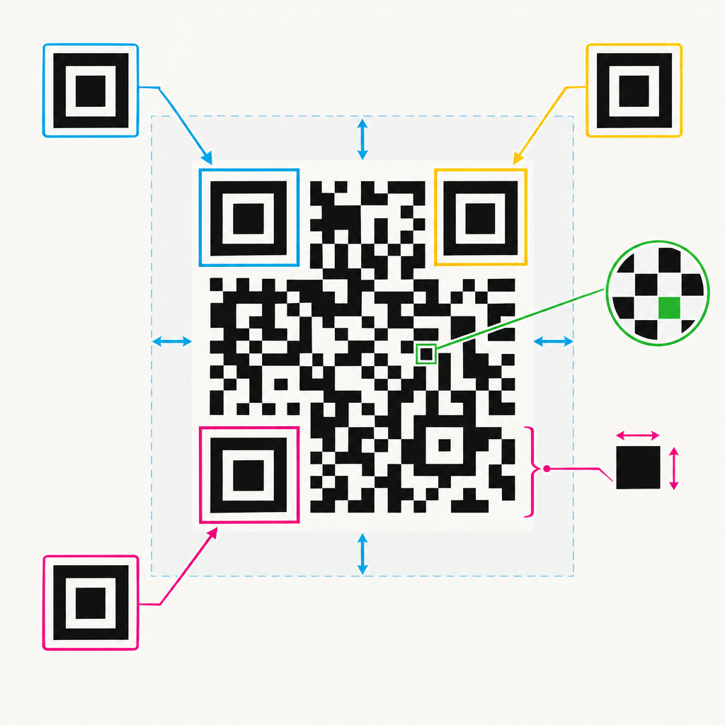 QR-Code drucken: Größe, Kontrast, Ruhezone und Scanabstand richtig wählen 3 Infografik zum Aufbau eines QR-Codes mit Modulen, Positionsmarkierungen und freier Ruhezone