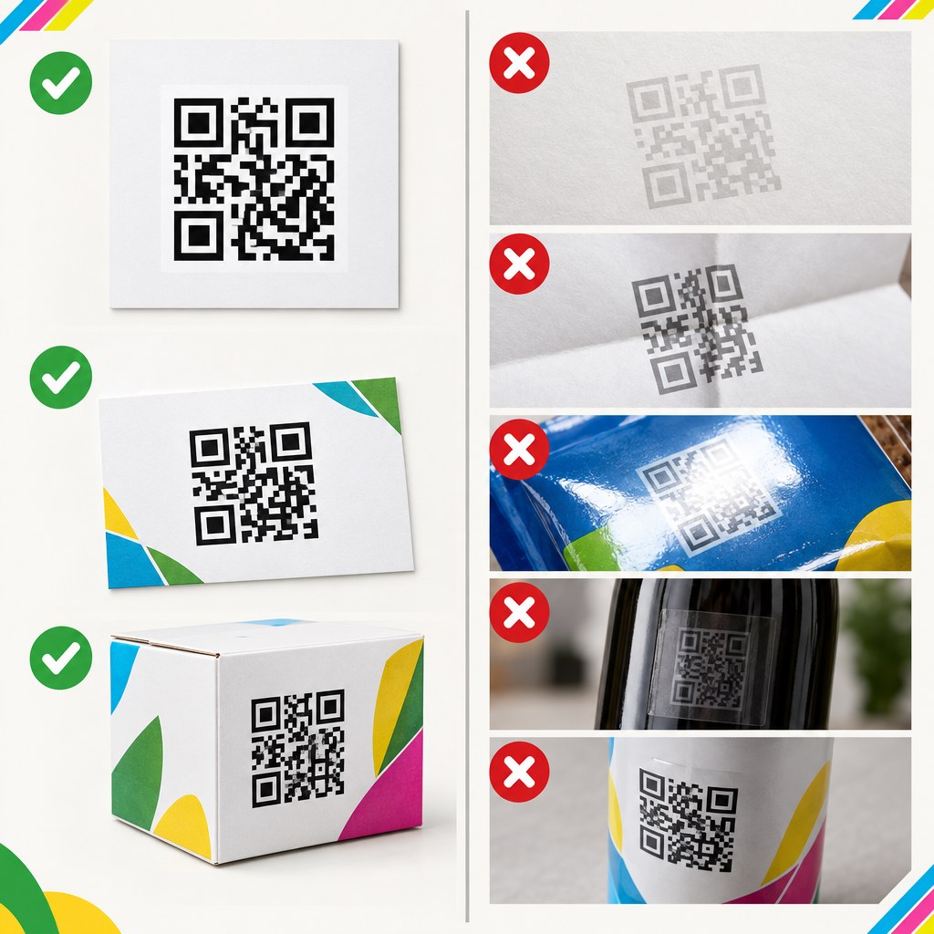 QR-Code drucken: Größe, Kontrast, Ruhezone und Scanabstand richtig wählen 6 Vergleich von gut scanbaren und problematischen QR-Codes bei Kontrast, Glanz, Falz und Transparenz