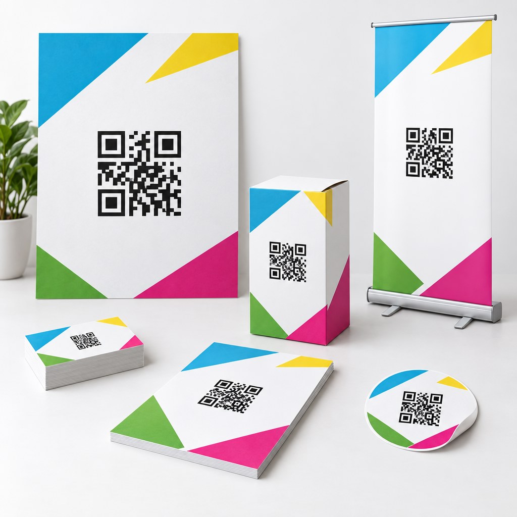 QR-Code drucken: Größe, Kontrast, Ruhezone und Scanabstand richtig wählen 5 QR-Codes auf Visitenkarte, Flyer, Faltschachtel, Plakat und Roll-up