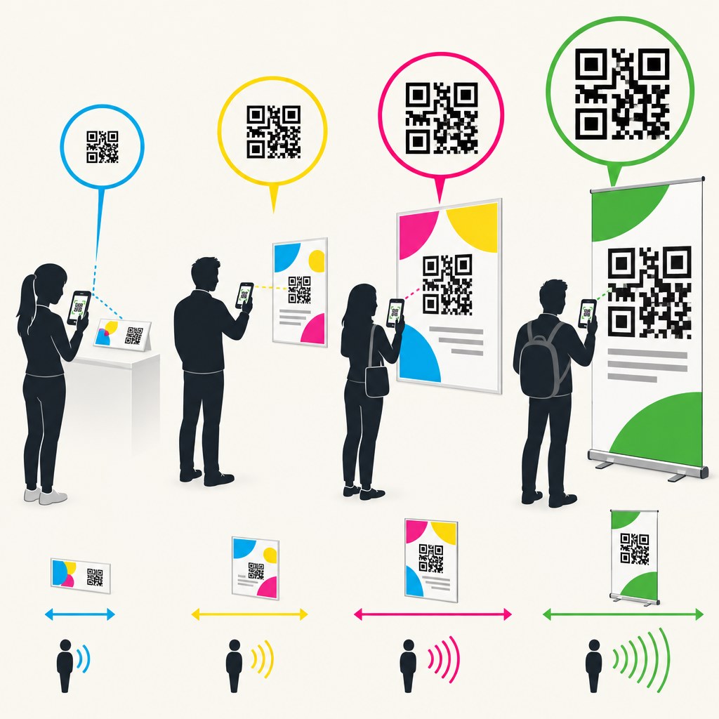 QR-Code drucken: Größe, Kontrast, Ruhezone und Scanabstand richtig wählen 4 Infografik zur passenden QR-Code-Größe bei zunehmendem Scanabstand