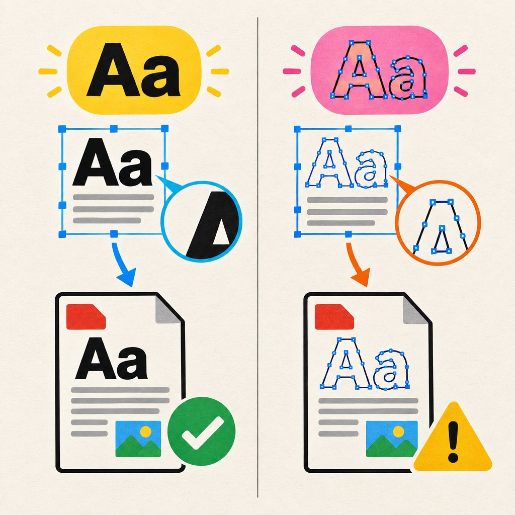 Vergleich zwischen eingebetteter Schrift im PDF und in Vektorpfade umgewandeltem Text