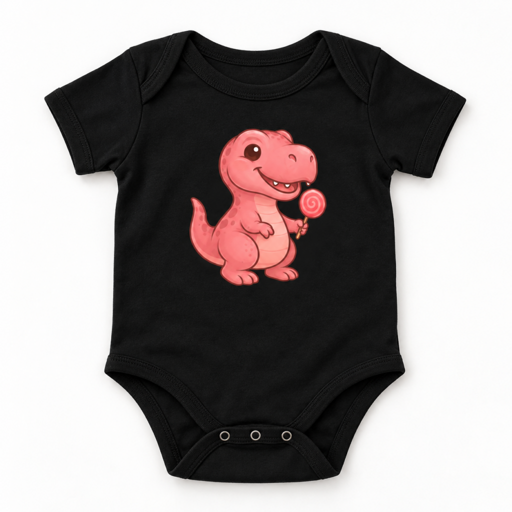 Schwarzer Rosa-T-Rex-Babystrampler, flach ausgelegt mit gut sichtbarem rosa Dinosaurier und Lutscher