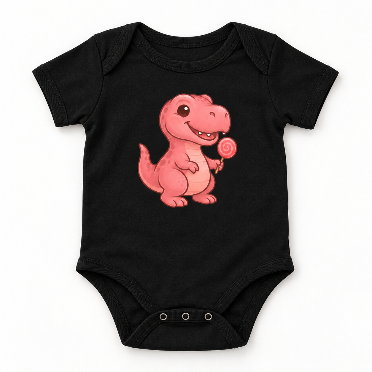Rosa T-Rex Babystrampler aus Bio-Baumwolle 1 Schwarzer Rosa-T-Rex-Babystrampler, flach ausgelegt mit gut sichtbarem rosa Dinosaurier und Lutscher