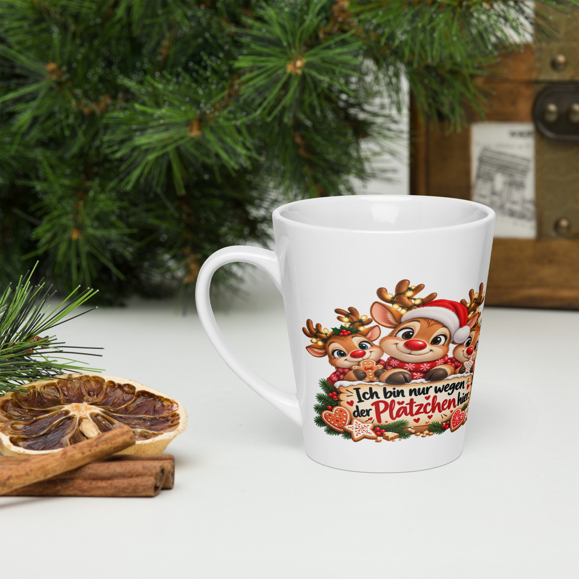 Milchkaffeetasse Rentiere " Ich bin nur wegen der Plätzchen hier" 2 Milchkaffeetasse Rentiere " Ich bin nur wegen der Plätzchen hier" – Bild 2