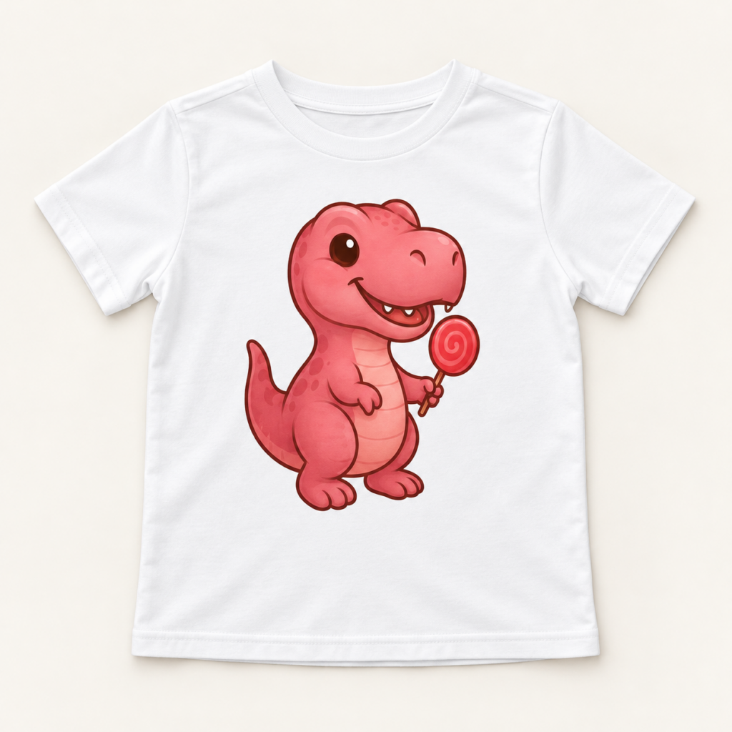 Rosa T-Rex T-Shirt mit Rundhalsausschnitt für Kinder – Produktaufnahme mit sichtbarem Motiv