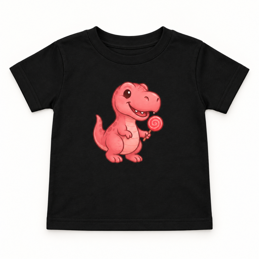 Rosa T-Rex Baby-Jersey-T-Shirt – Produktaufnahme mit sichtbarem Motiv
